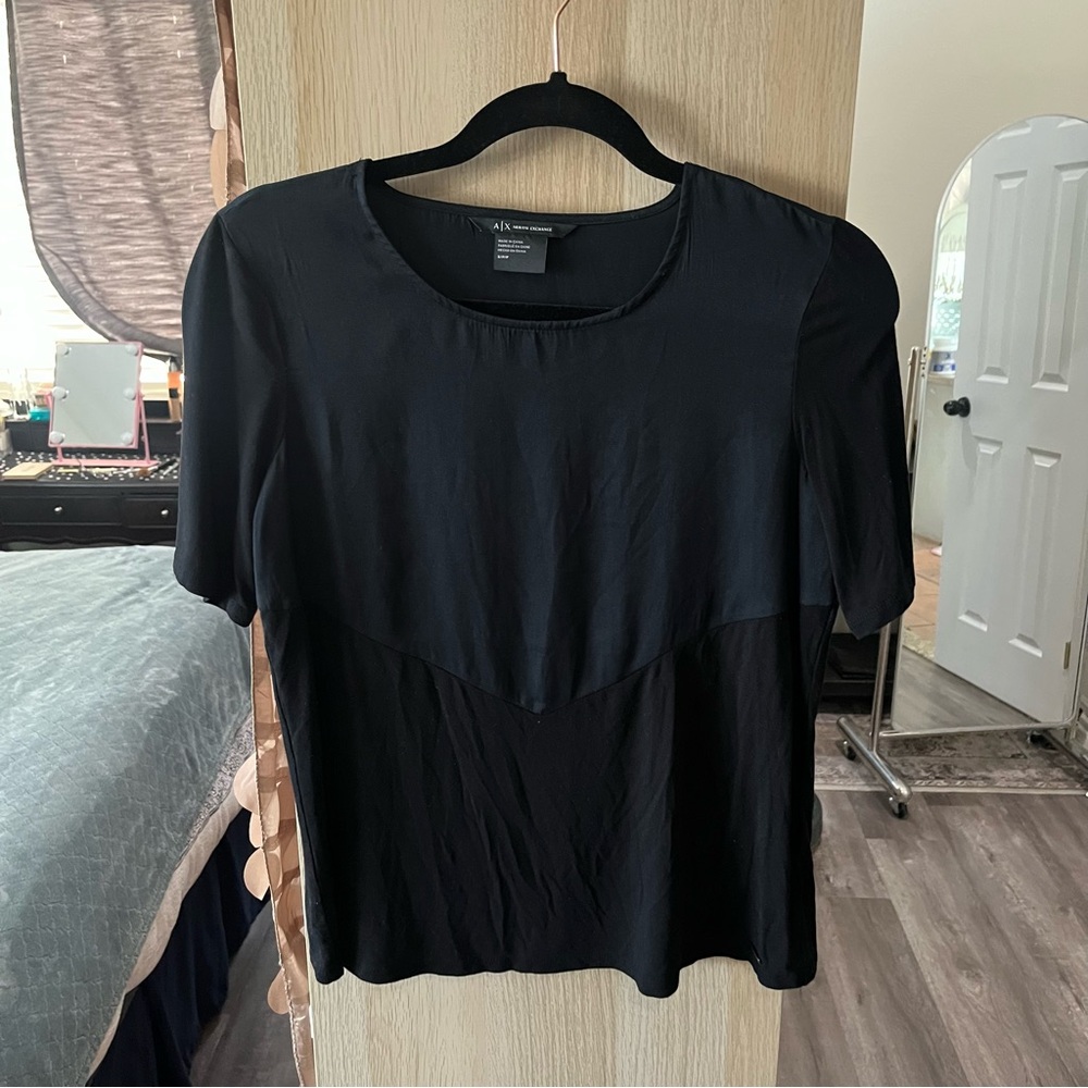 Armani‎ Exchange AX Womens Black Mixed Media Chevron Short Sleeve Top S